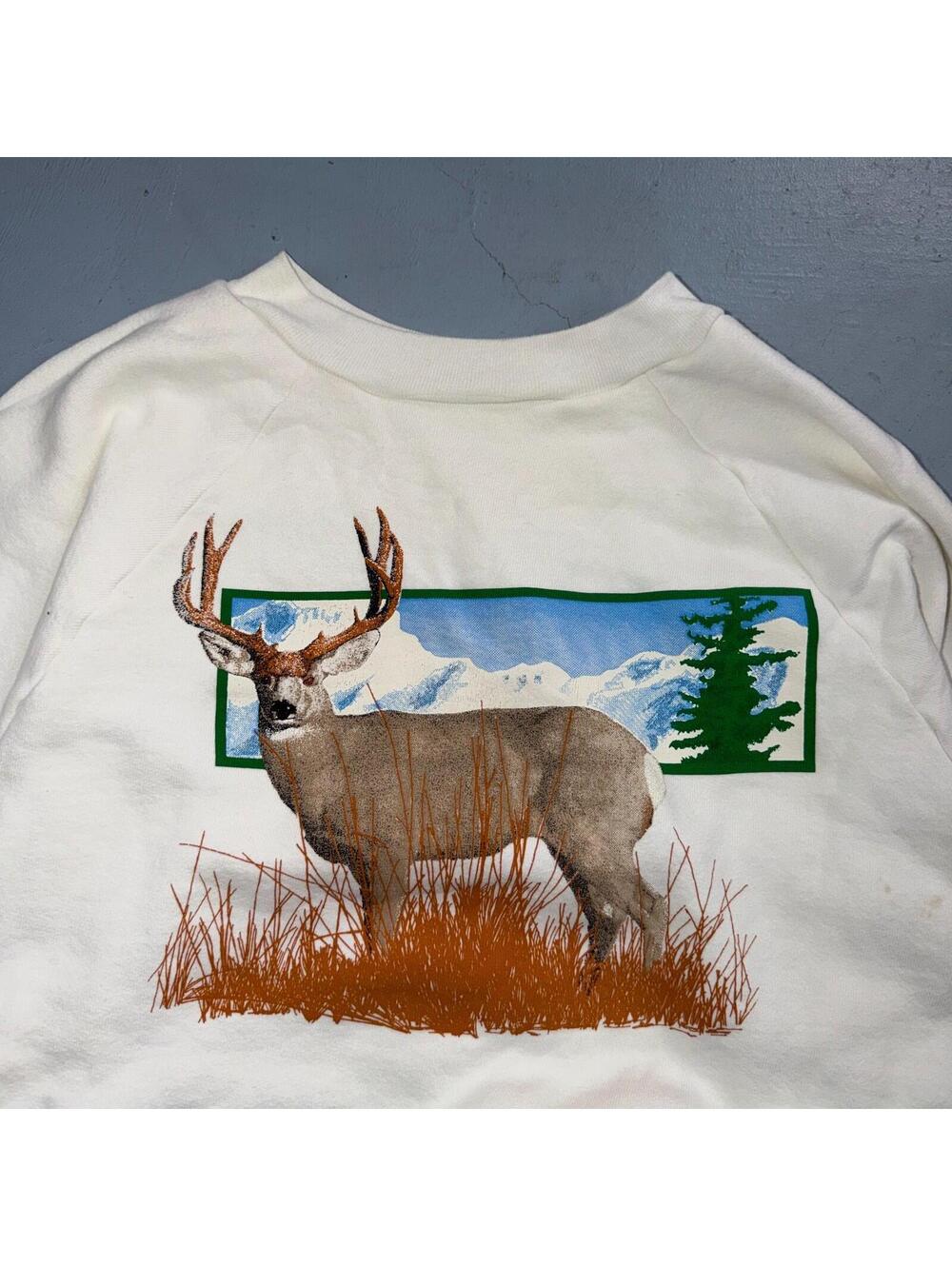 Vintage Deer Elk Wildlife Sweatshirt Mens XL White 80s Crewneck Hunting Animal - Picture 2 of 11